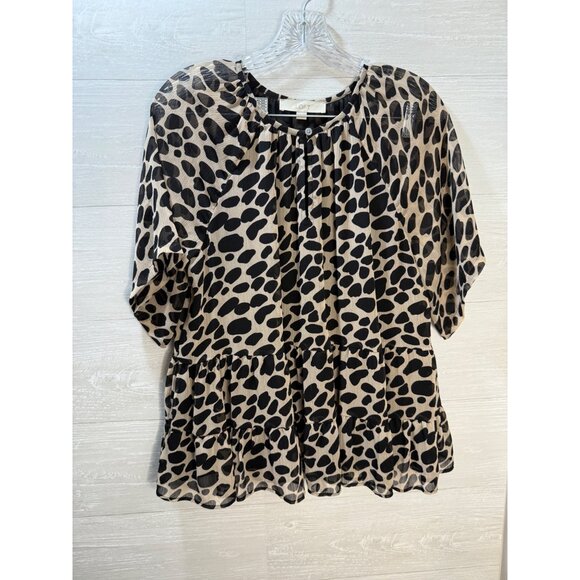 Loft Womens Black & Tan Leopard Print Tiered Top Button Front 3/4 Sleeves Size S - Picture 7 of 12